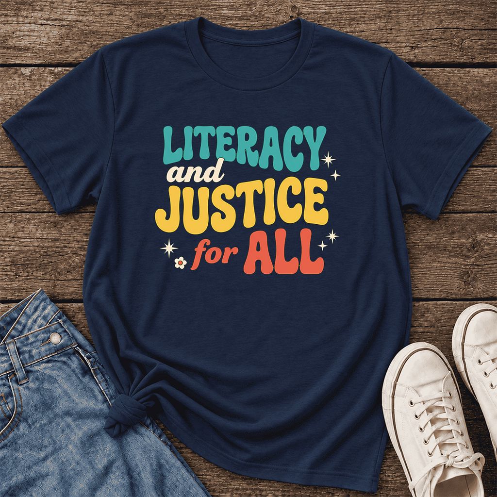 Literacy And Justice For All Ultra-Soft Cotton T-Shirt | Gift Navy