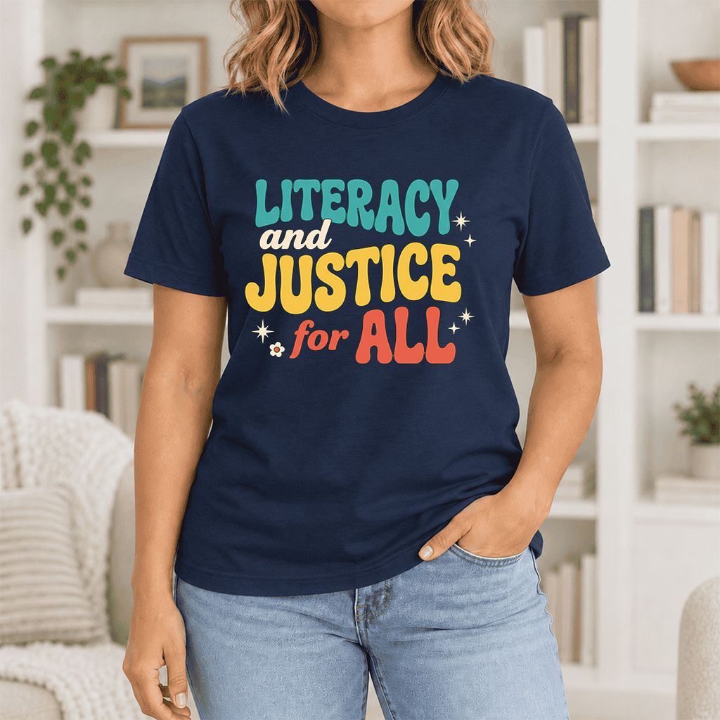 Literacy And Justice For All Ultra-Soft Cotton T-Shirt | Gift Navy