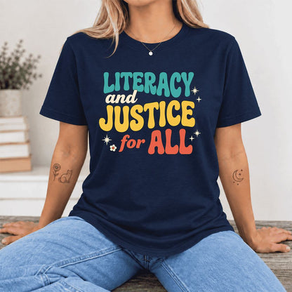 Literacy And Justice For All Ultra-Soft Cotton T-Shirt | Gift Navy