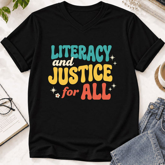 Literacy And Justice For All Ultra-Soft V-Neck | Banned Books Book Lover Gift Black