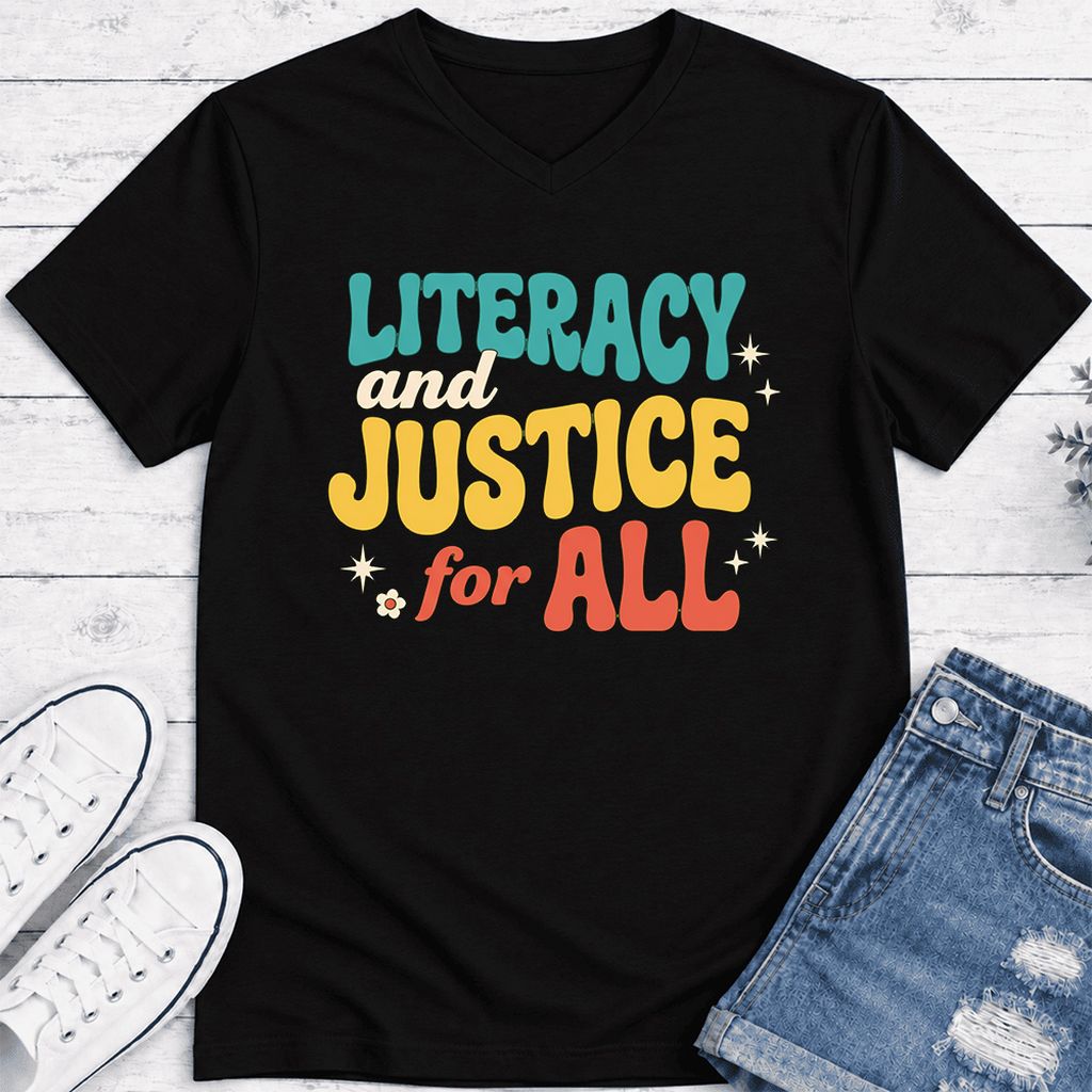Literacy And Justice For All Ultra-Soft V-Neck | Banned Books Book Lover Gift Black