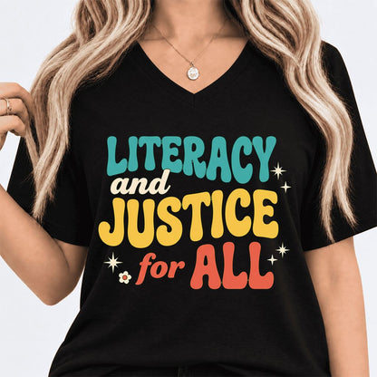 Literacy And Justice For All Ultra-Soft V-Neck | Banned Books Book Lover Gift Black