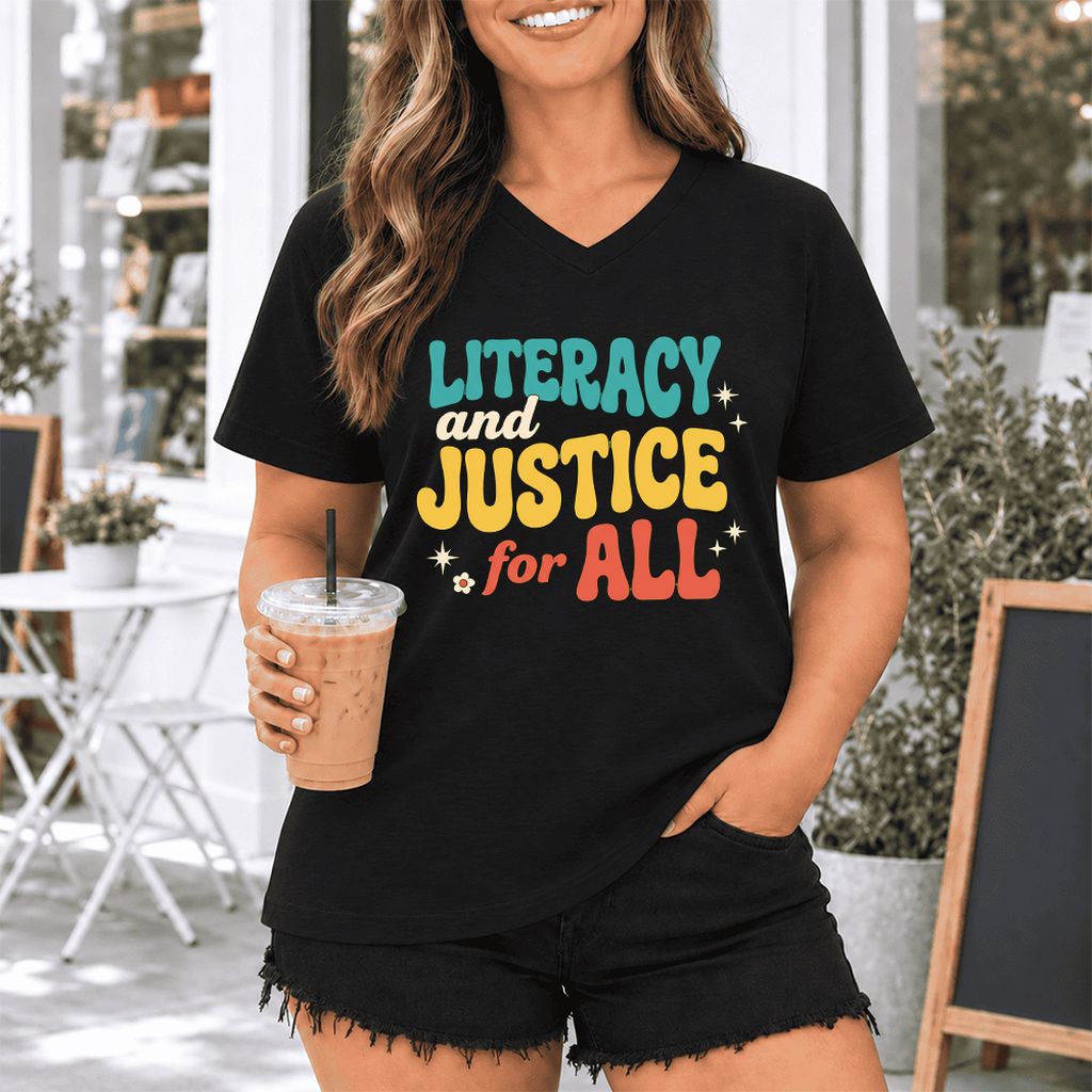Literacy And Justice For All Ultra-Soft V-Neck | Banned Books Book Lover Gift Black