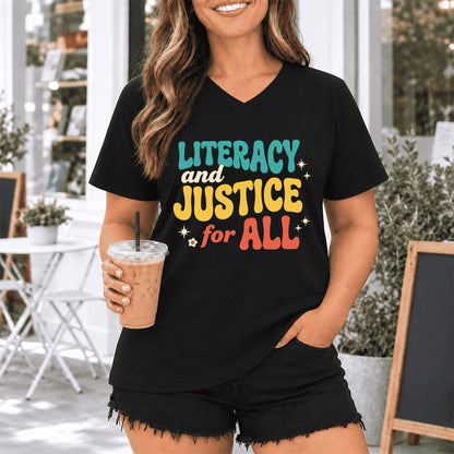 Literacy And Justice For All Ultra-Soft V-Neck | Banned Books Book Lover Gift Black