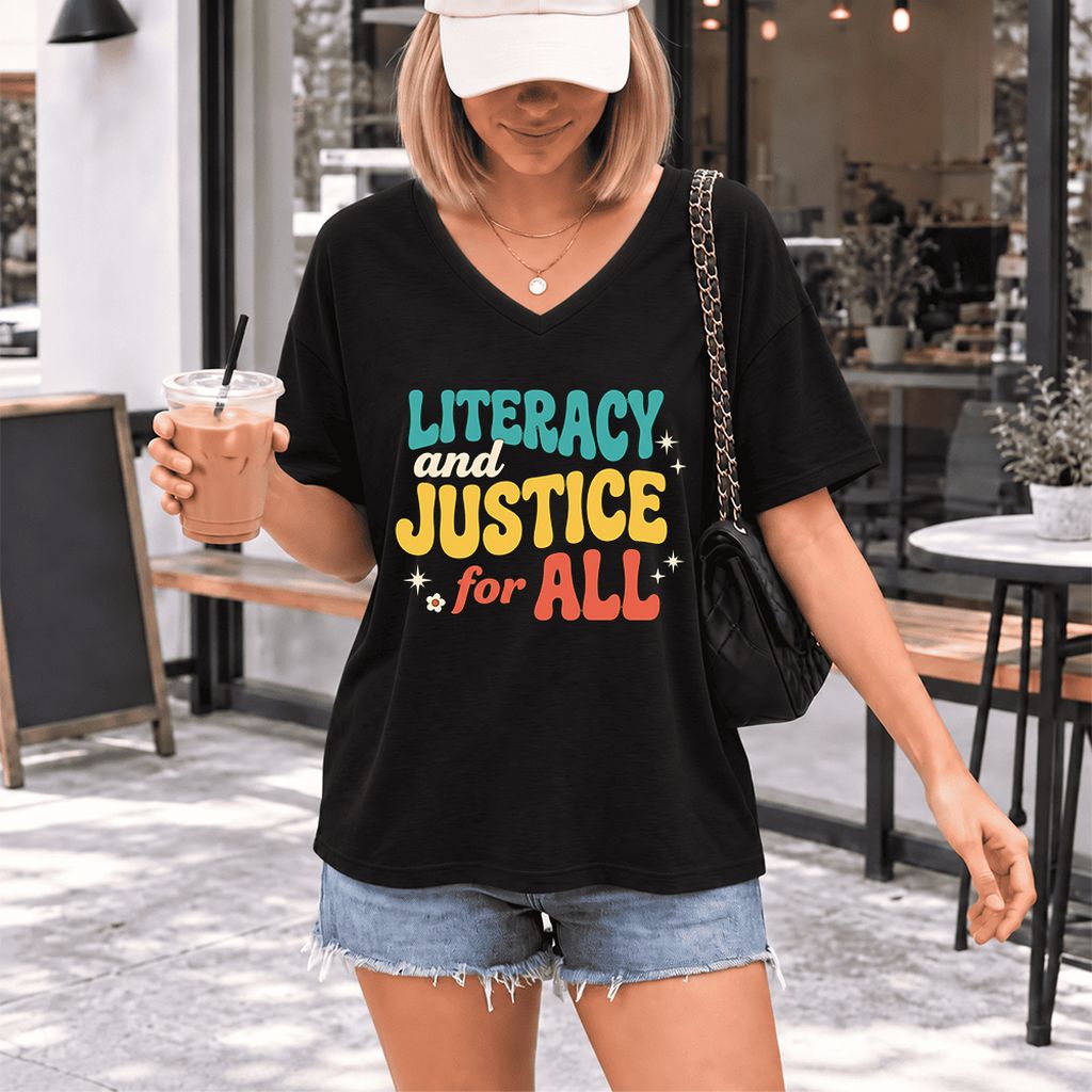 Literacy And Justice For All Ultra-Soft V-Neck | Banned Books Book Lover Gift Black