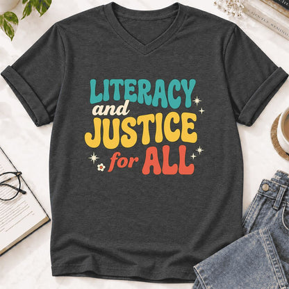 Literacy And Justice For All Ultra-Soft V-Neck | Banned Books Book Lover Gift Dark Grey Heather