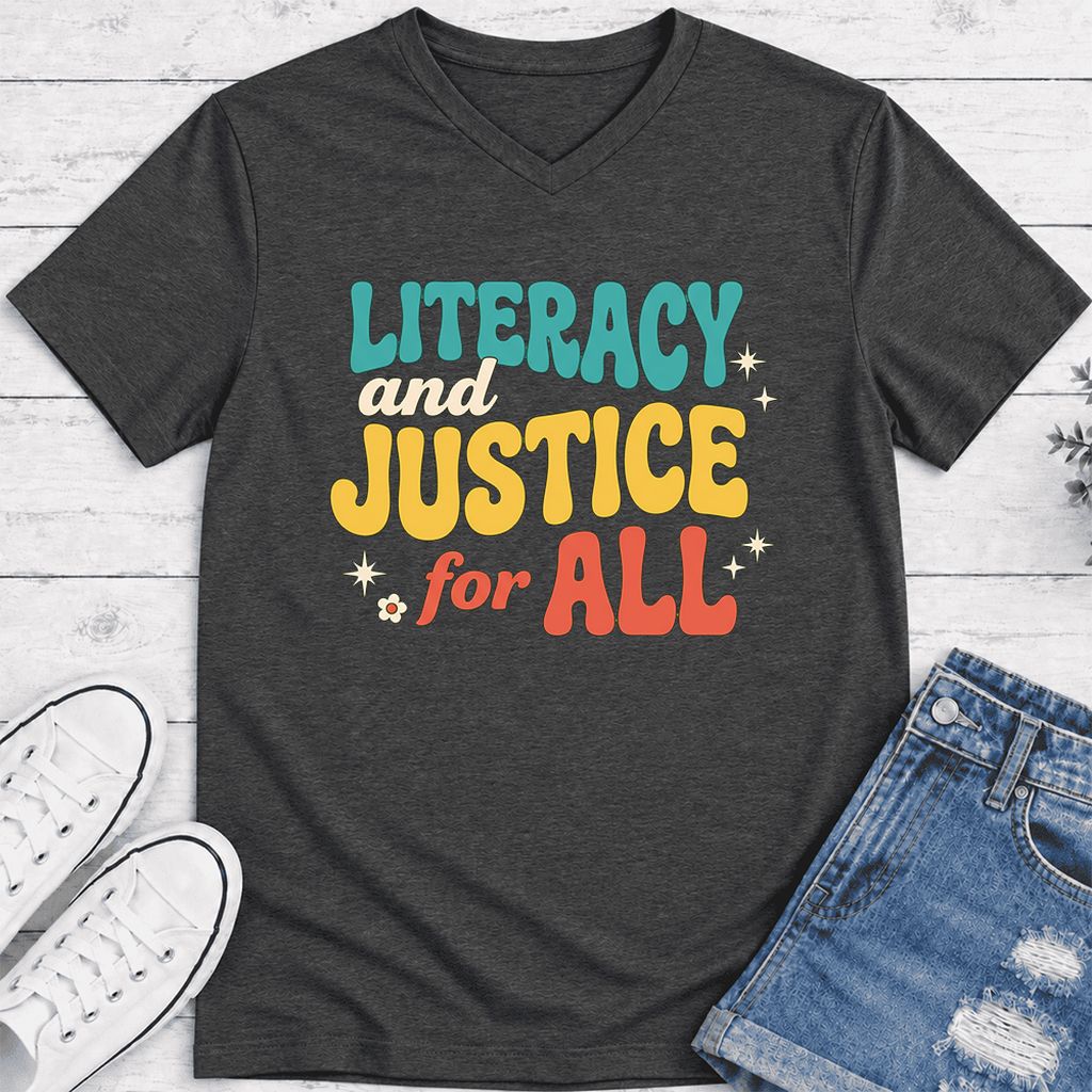 Literacy And Justice For All Ultra-Soft V-Neck | Banned Books Book Lover Gift Dark Grey Heather