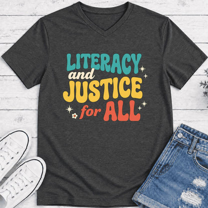 Literacy And Justice For All Ultra-Soft V-Neck | Banned Books Book Lover Gift Dark Grey Heather