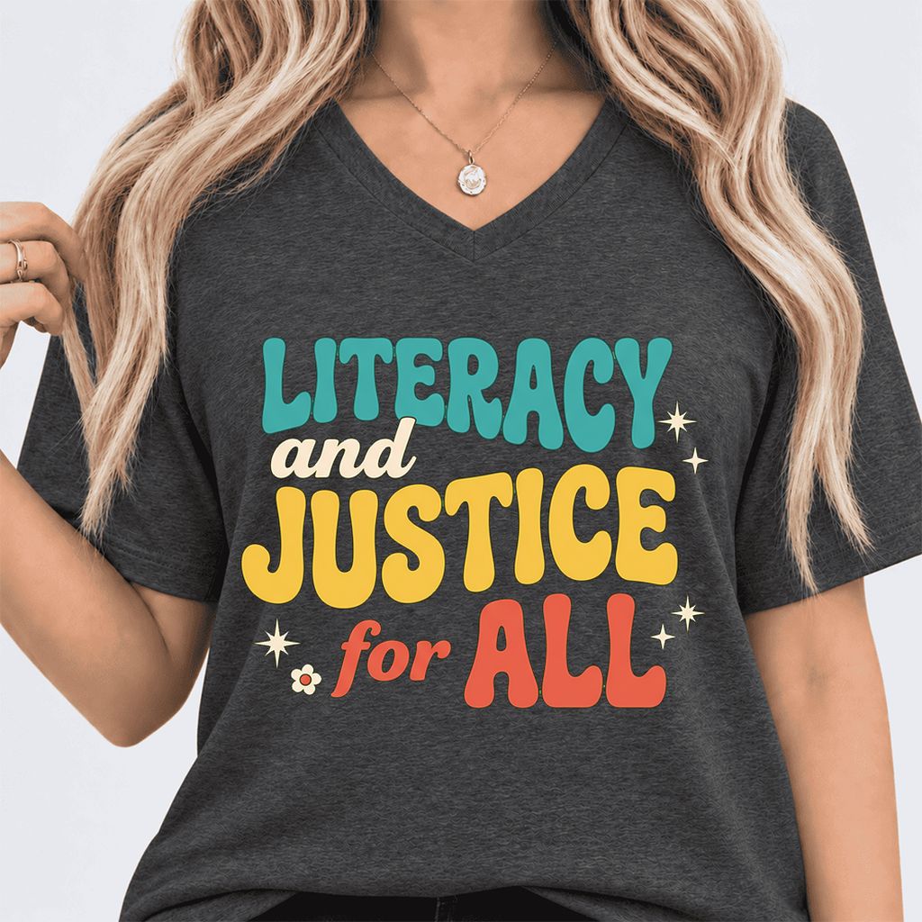 Literacy And Justice For All Ultra-Soft V-Neck | Banned Books Book Lover Gift Dark Grey Heather