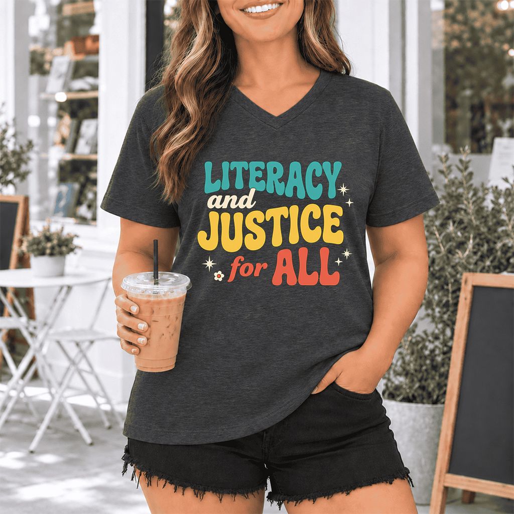 Literacy And Justice For All Ultra-Soft V-Neck | Banned Books Book Lover Gift Dark Grey Heather