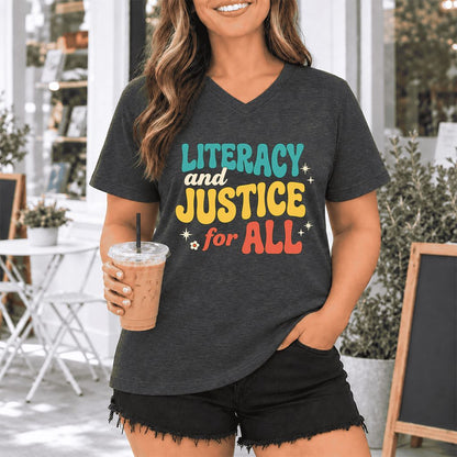 Literacy And Justice For All Ultra-Soft V-Neck | Banned Books Book Lover Gift Dark Grey Heather