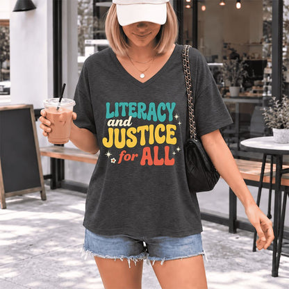 Literacy And Justice For All Ultra-Soft V-Neck | Banned Books Book Lover Gift Dark Grey Heather