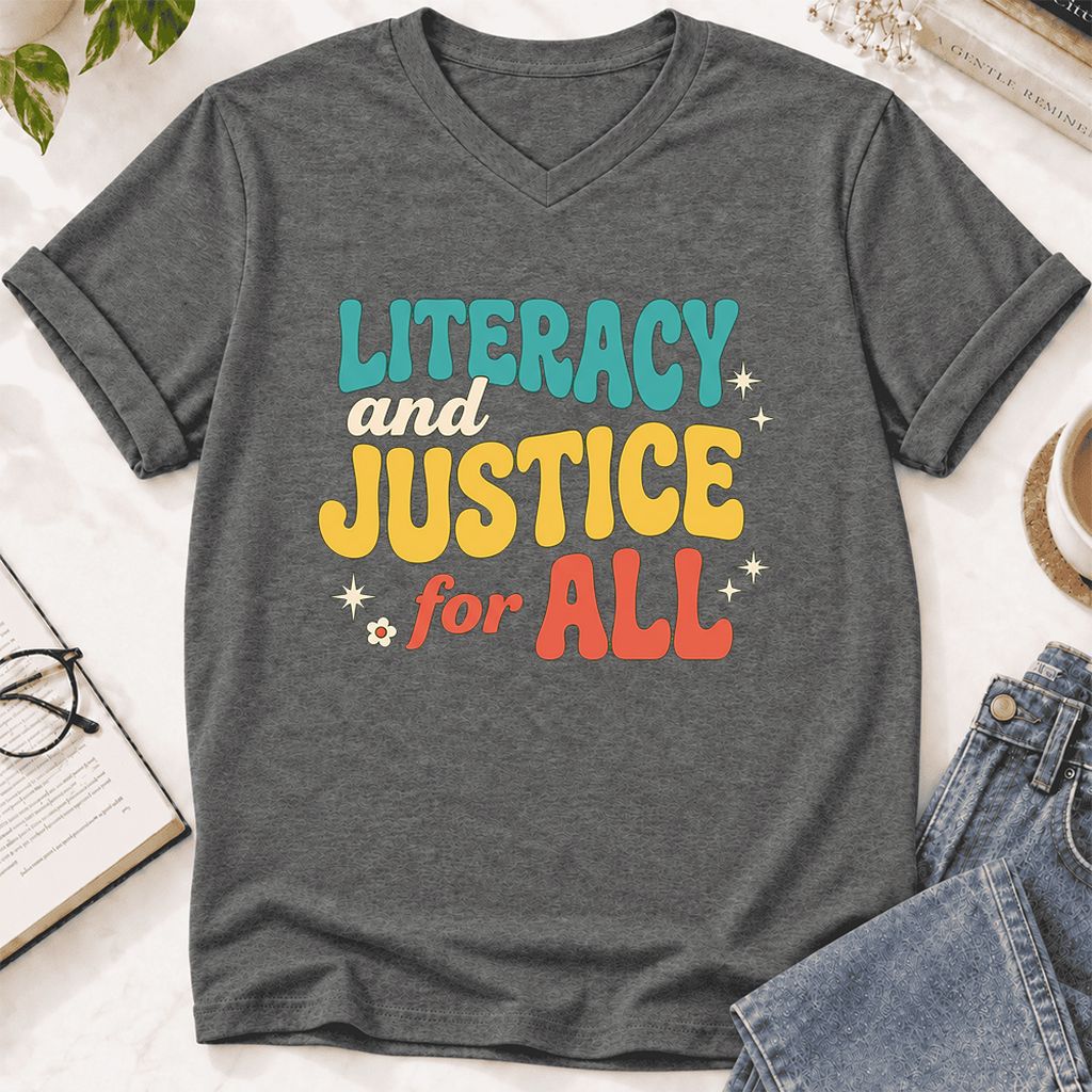 Literacy And Justice For All Ultra-Soft V-Neck | Banned Books Book Lover Gift Deep Heather