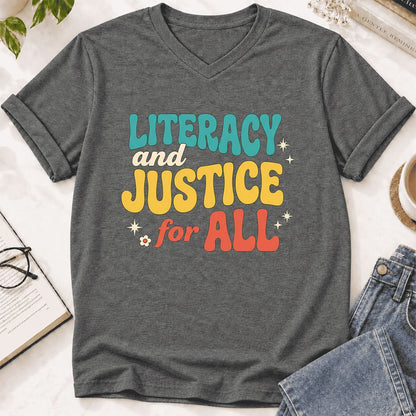 Literacy And Justice For All Ultra-Soft V-Neck | Banned Books Book Lover Gift Deep Heather