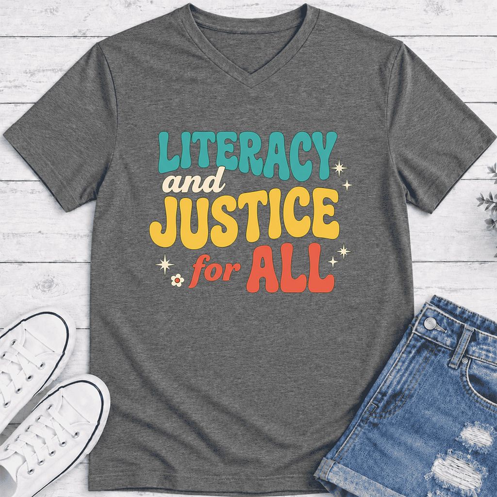 Literacy And Justice For All Ultra-Soft V-Neck | Banned Books Book Lover Gift Deep Heather