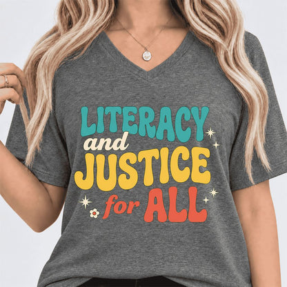 Literacy And Justice For All Ultra-Soft V-Neck | Banned Books Book Lover Gift Deep Heather