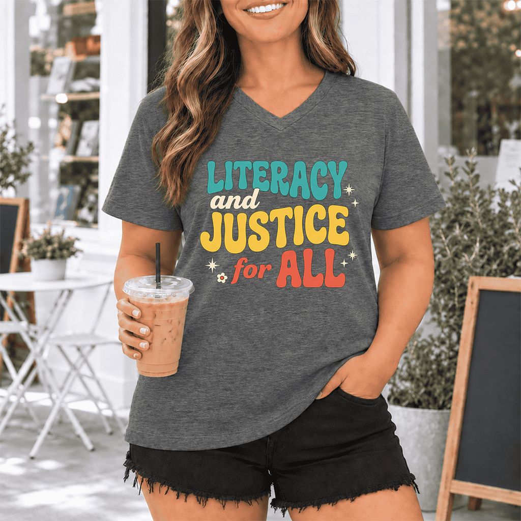 Literacy And Justice For All Ultra-Soft V-Neck | Banned Books Book Lover Gift Deep Heather