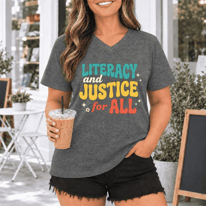 Literacy And Justice For All Ultra-Soft V-Neck | Banned Books Book Lover Gift Deep Heather