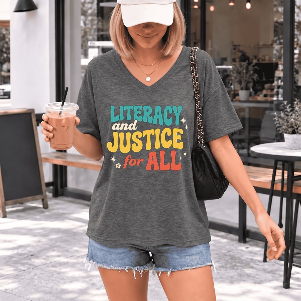 Literacy And Justice For All Ultra-Soft V-Neck | Banned Books Book Lover Gift Deep Heather