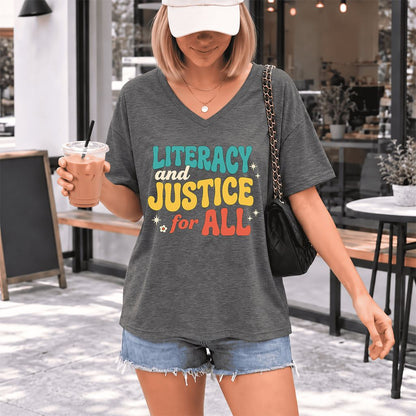 Literacy And Justice For All Ultra-Soft V-Neck | Banned Books Book Lover Gift Deep Heather