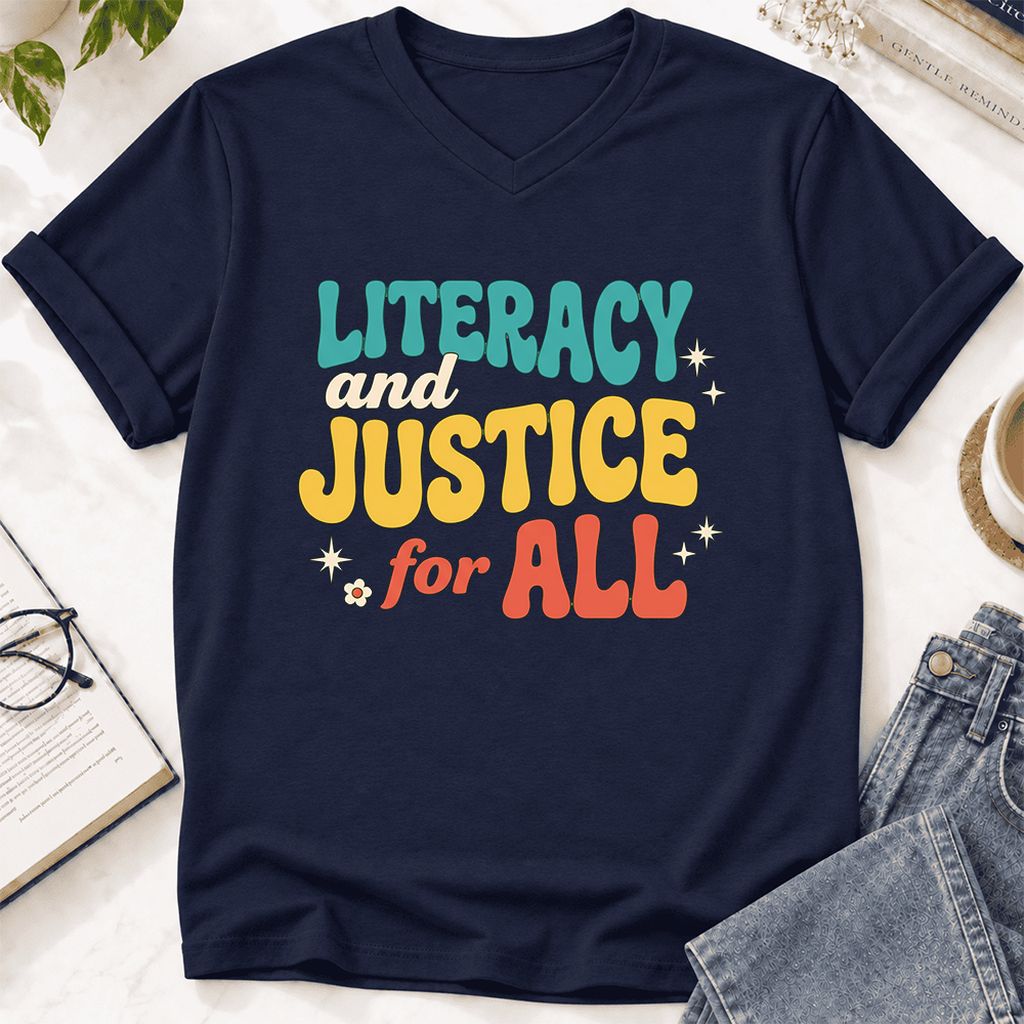 Literacy And Justice For All Ultra-Soft V-Neck | Banned Books Book Lover Gift Navy