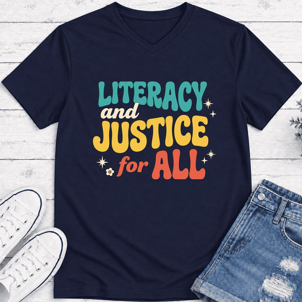 Literacy And Justice For All Ultra-Soft V-Neck | Banned Books Book Lover Gift Navy