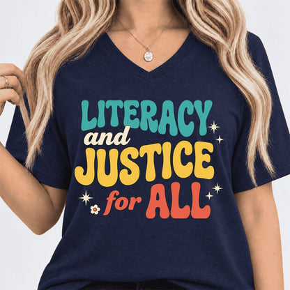 Literacy And Justice For All Ultra-Soft V-Neck | Banned Books Book Lover Gift Navy