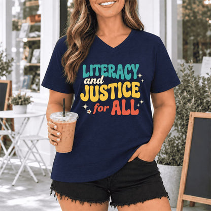 Literacy And Justice For All Ultra-Soft V-Neck | Banned Books Book Lover Gift Navy