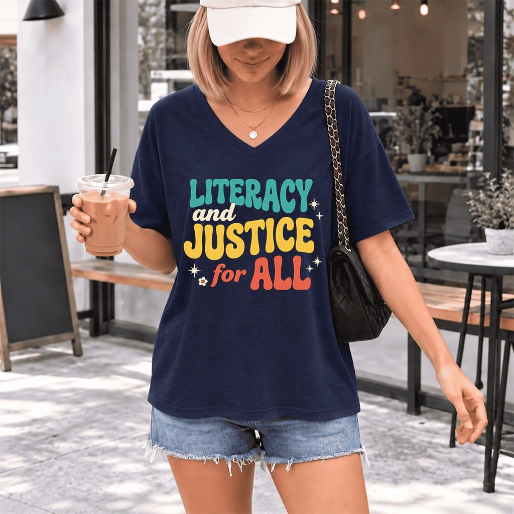 Literacy And Justice For All Ultra-Soft V-Neck | Banned Books Book Lover Gift Navy
