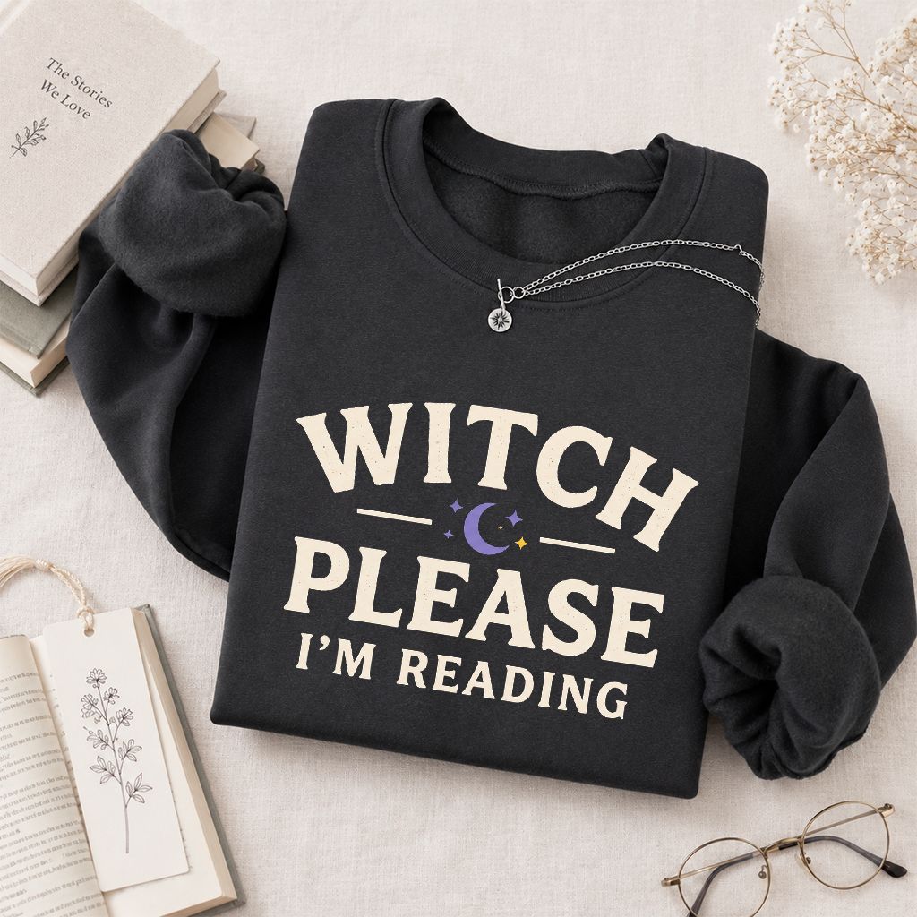 Witch Please I'm Reading Printed Sweatshirt | Cozy Halloween Reader Gift Dark Heather