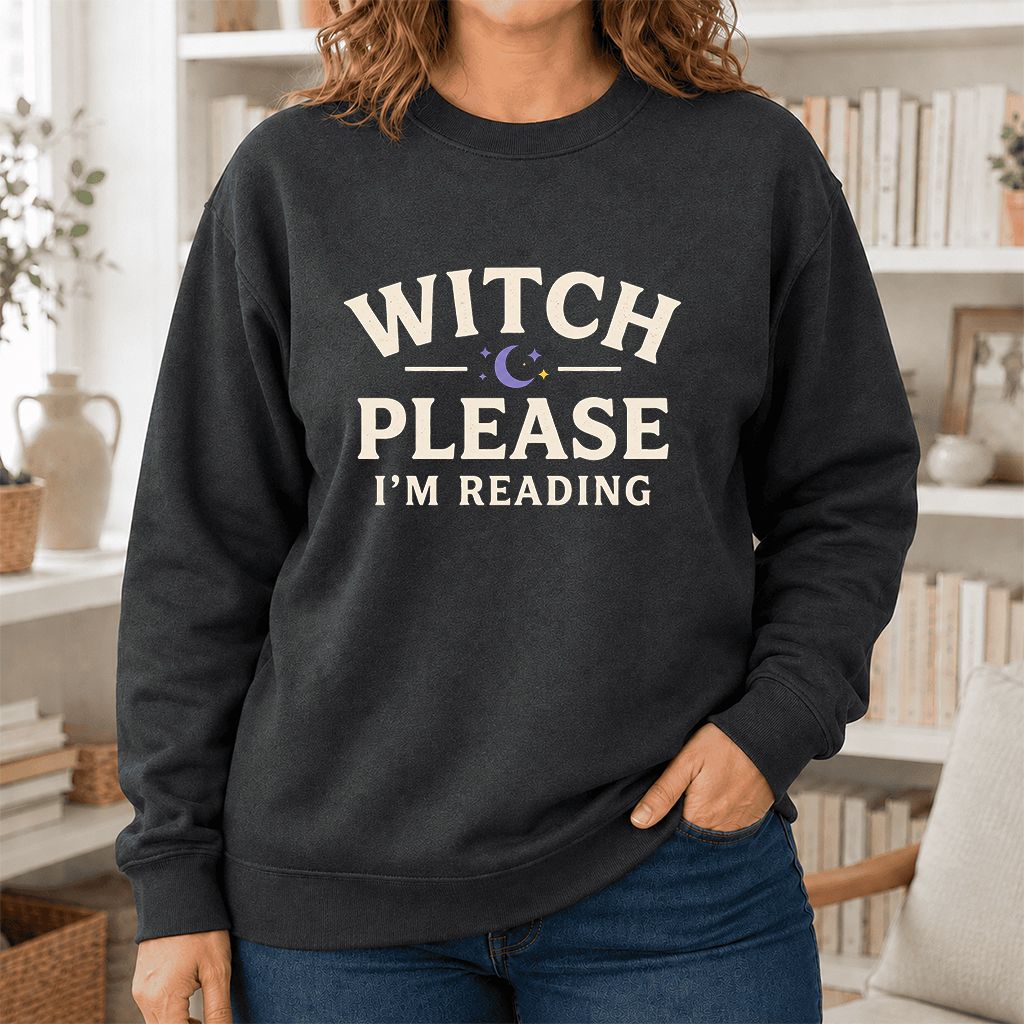 Witch Please I'm Reading Printed Sweatshirt | Cozy Halloween Reader Gift Dark Heather