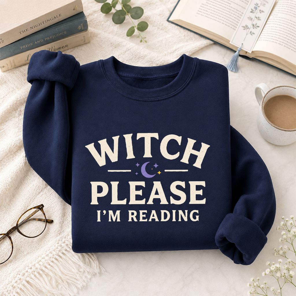 Witch Please I'm Reading Printed Sweatshirt | Cozy Halloween Reader Gift Navy