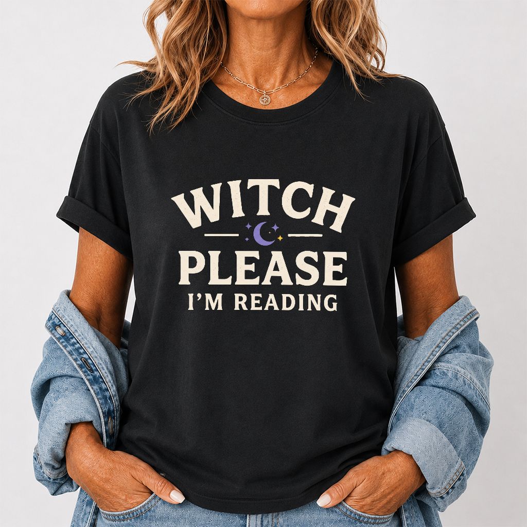 Witch Please I'm Reading Printed T-Shirt | Cozy Halloween Reader Gift Black