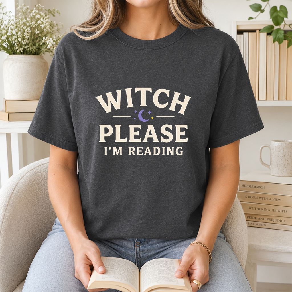 Witch Please I'm Reading Printed T-Shirt | Cozy Halloween Reader Gift Dark Heather