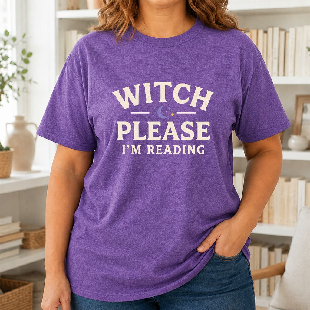 Witch Please I'm Reading Printed T-Shirt | Cozy Halloween Reader Gift Heather Purple