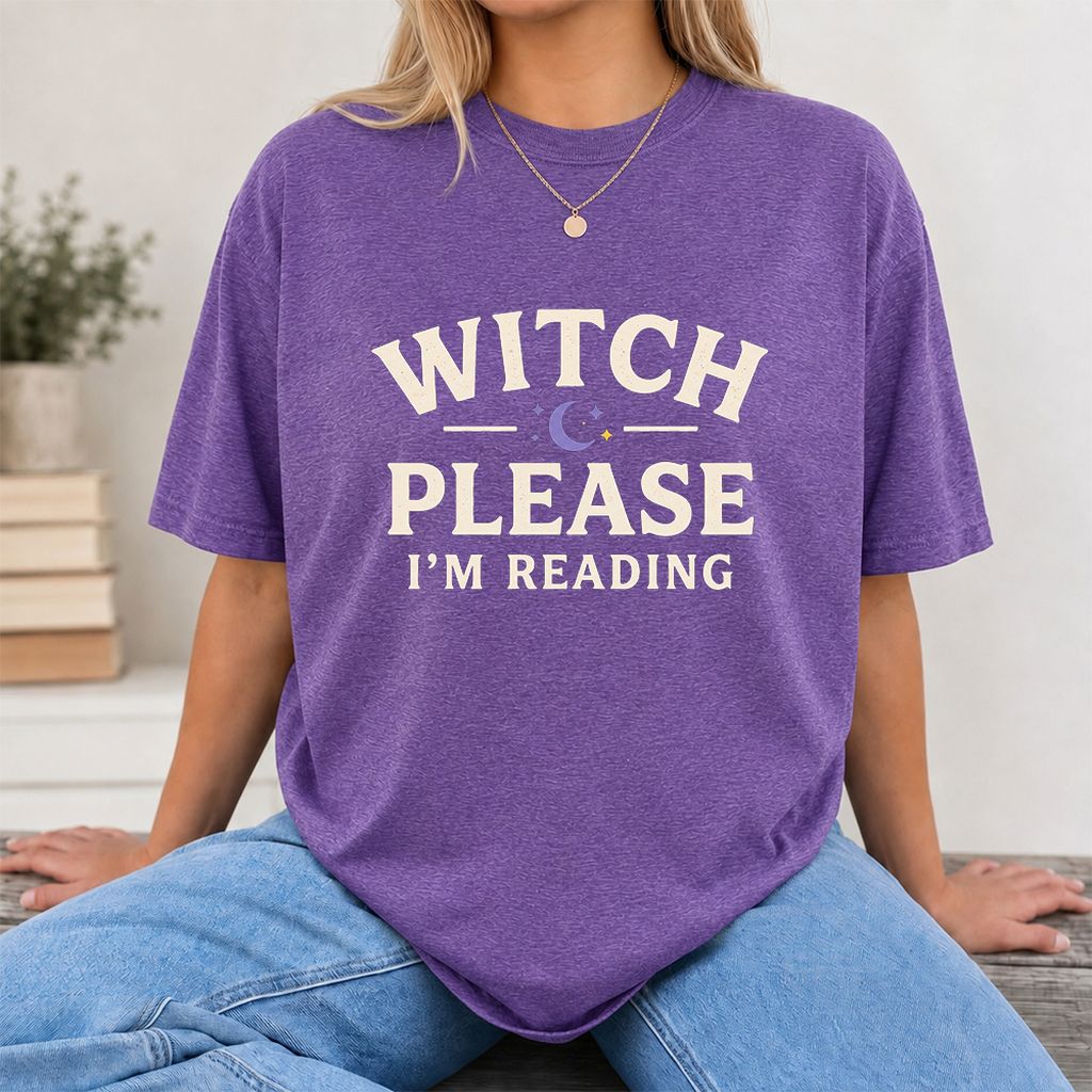 Witch Please I'm Reading Printed T-Shirt | Cozy Halloween Reader Gift Heather Purple