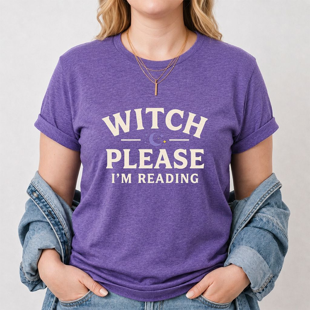 Witch Please I'm Reading Printed T-Shirt | Cozy Halloween Reader Gift Heather Purple