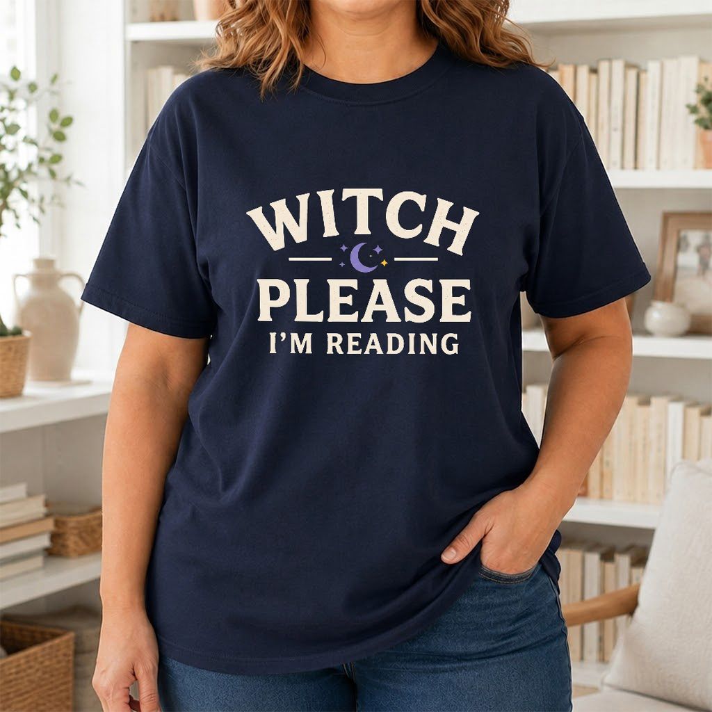 Witch Please I'm Reading Printed T-Shirt | Cozy Halloween Reader Gift Navy