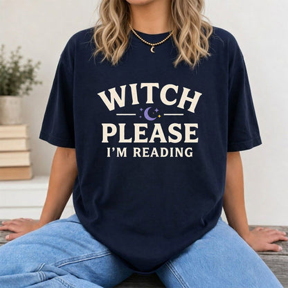Witch Please I'm Reading Printed T-Shirt | Cozy Halloween Reader Gift Navy