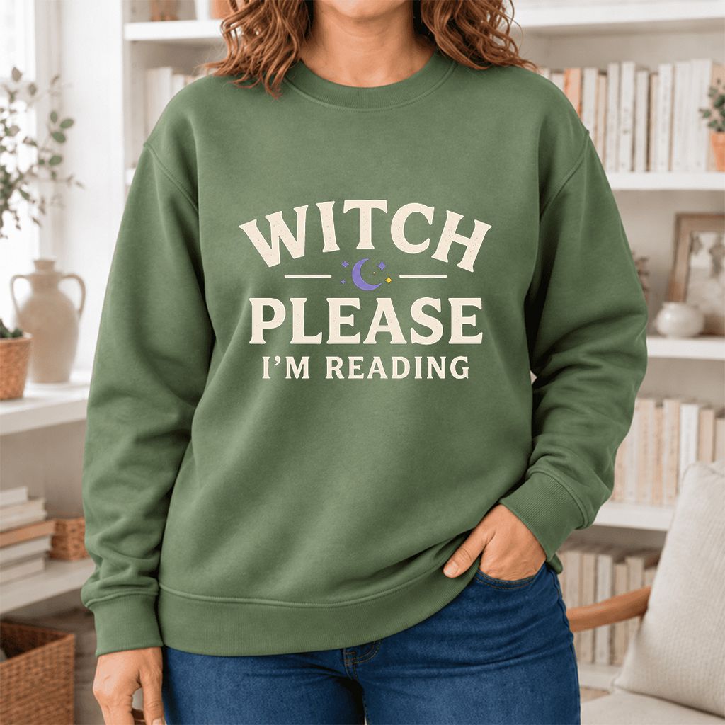 Witch Please I'm Reading Softstyle Sweatshirt | Cozy Halloween Reader Gift Military Green