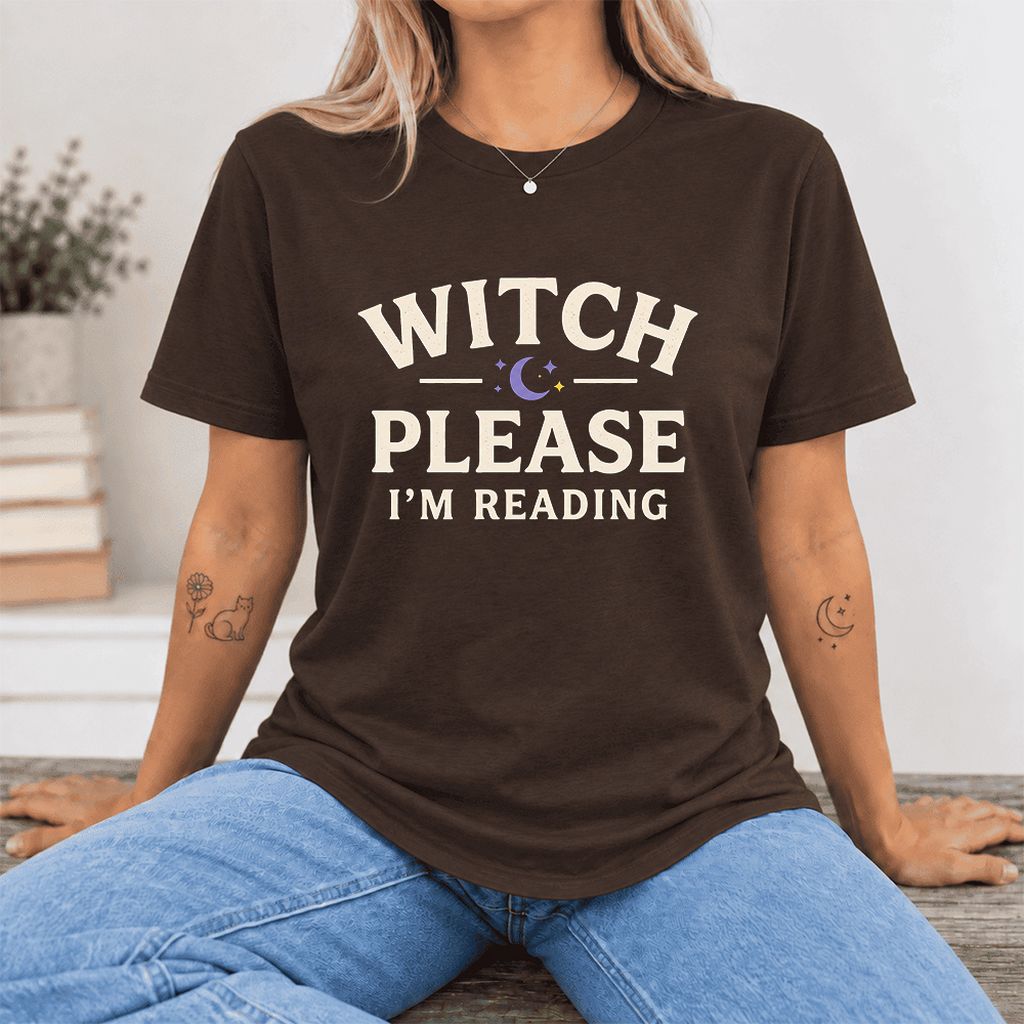 Witch Please I'm Reading Ultra-Soft Cotton T-Shirt | Cozy Halloween Reader Gift Brown