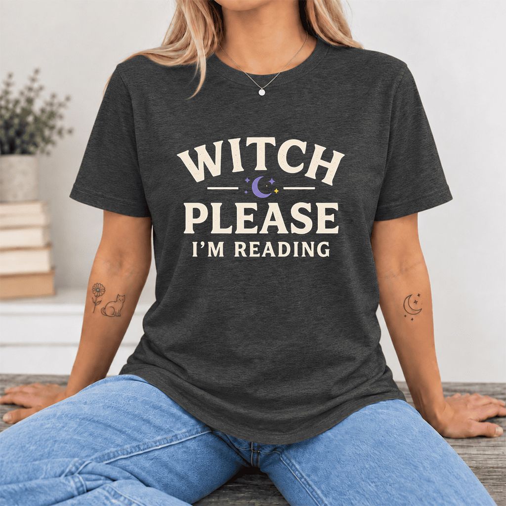 Witch Please I'm Reading Ultra-Soft Cotton T-Shirt | Cozy Halloween Reader Gift Dark Grey Heather