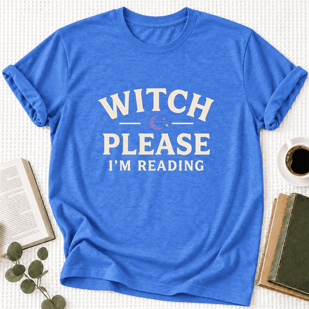 Witch Please I'm Reading Ultra-Soft Cotton T-Shirt | Cozy Halloween Reader Gift Heather True Royal