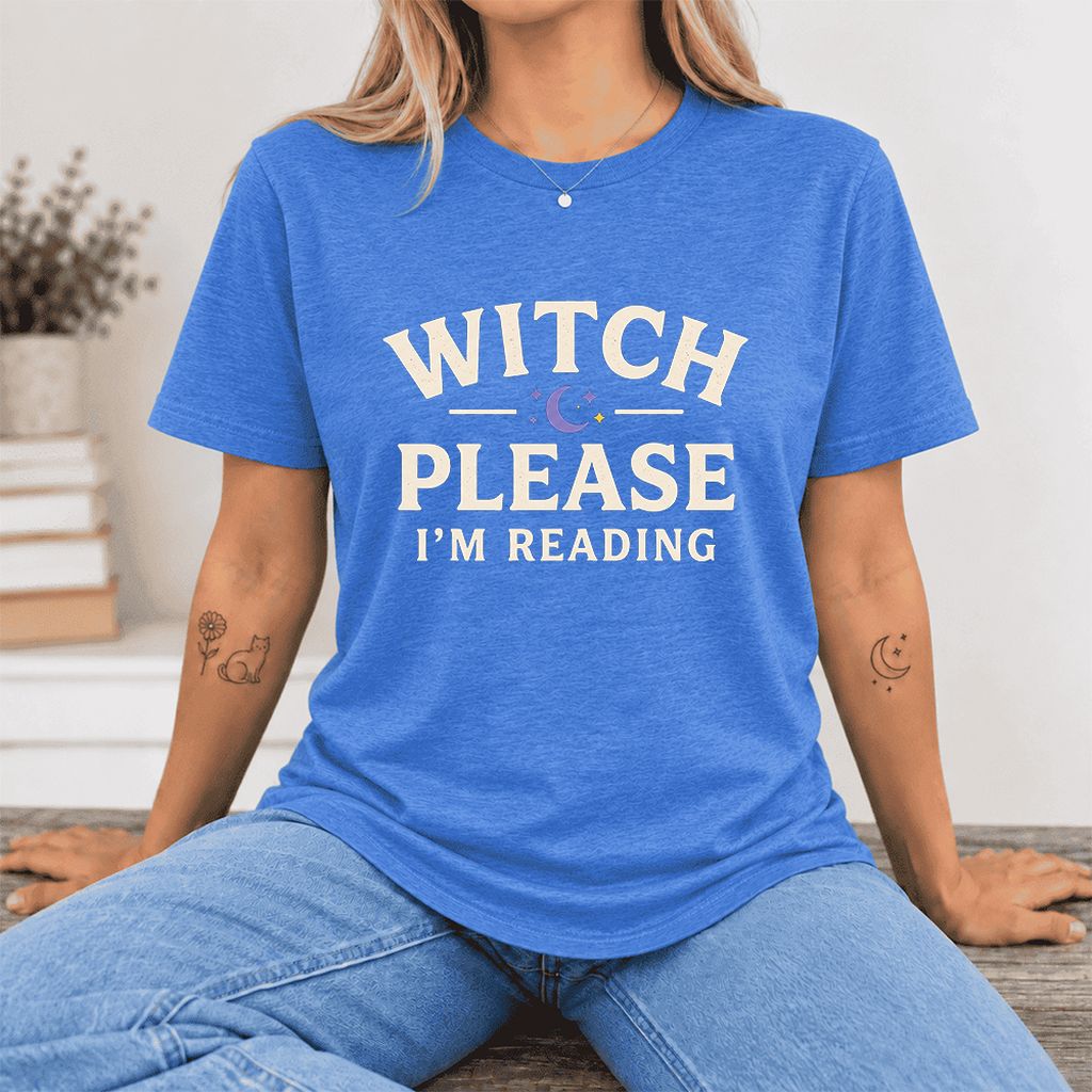 Witch Please I'm Reading Ultra-Soft Cotton T-Shirt | Cozy Halloween Reader Gift Heather True Royal