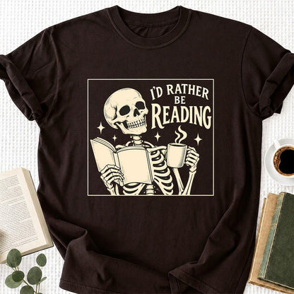 I'd Rather Be Reading Printed T-Shirt | Evergreen Book Lover Gift Dark Chocolate