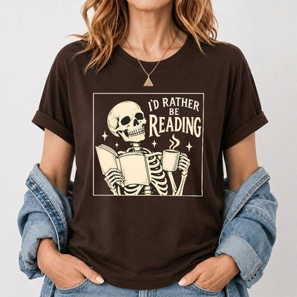 I'd Rather Be Reading Printed T-Shirt | Evergreen Book Lover Gift Dark Chocolate