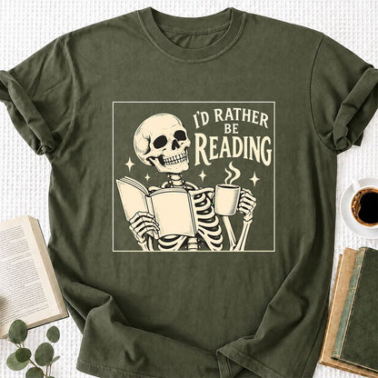 I'd Rather Be Reading Printed T-Shirt | Evergreen Book Lover Gift Military Green