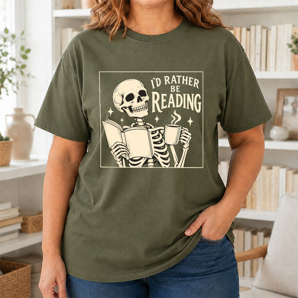 I'd Rather Be Reading Printed T-Shirt | Evergreen Book Lover Gift Military Green