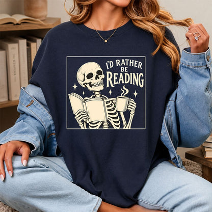 I'd Rather Be Reading Printed T-Shirt | Evergreen Book Lover Gift Navy