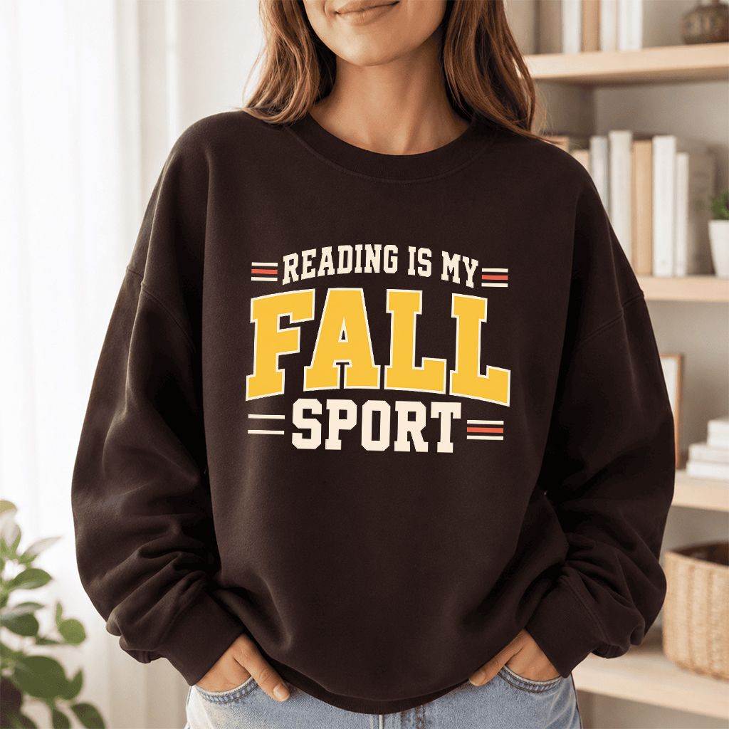 Reading Is My Fall Sport Printed Sweatshirt | Funny Book Lover Gift Dark Chocolate